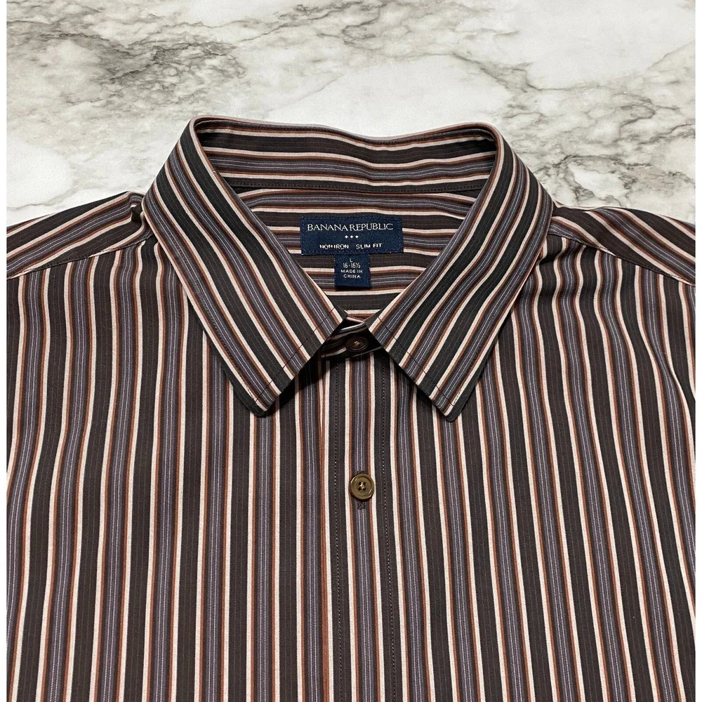 Banana Republic‎ Slim Fit Non Iron Mens Dress Shirt Sz 16-16 1/2 Brown Striped